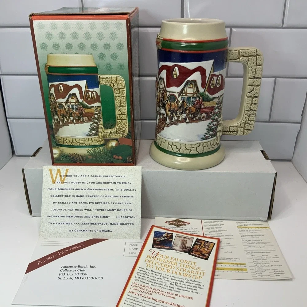 1998 Budweiser Holiday Stein Ceramic BeerMug Collectible Grants Farm Holiday NEW